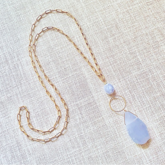 20 Inch Blue Chalcedony Faceted Teardrop Pendant Necklace - Picture 9 of 9